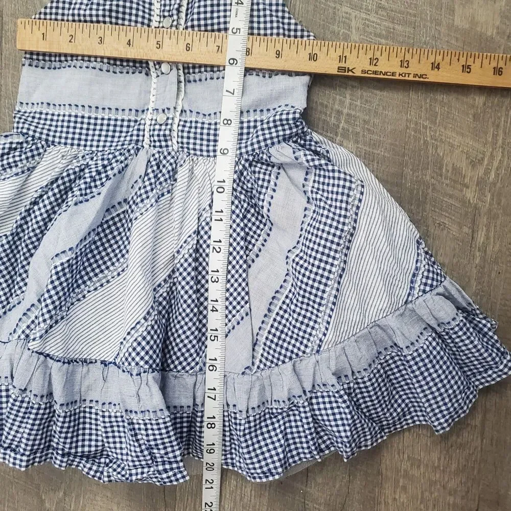 Genuine Kids OshKosh Girl Dress Size 4T Blue Gingham Patchwork Seersucker Cotton